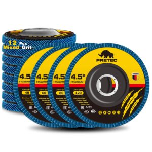 pretec flap discs 4 1/2 for angle grinder, 12 pcs flap discs 40/60/80/120 grit, 4.5" x 7/8" high density zirconia type 27 flap sanding disc for grinding, rust removal, sanding and finishing -12 packs