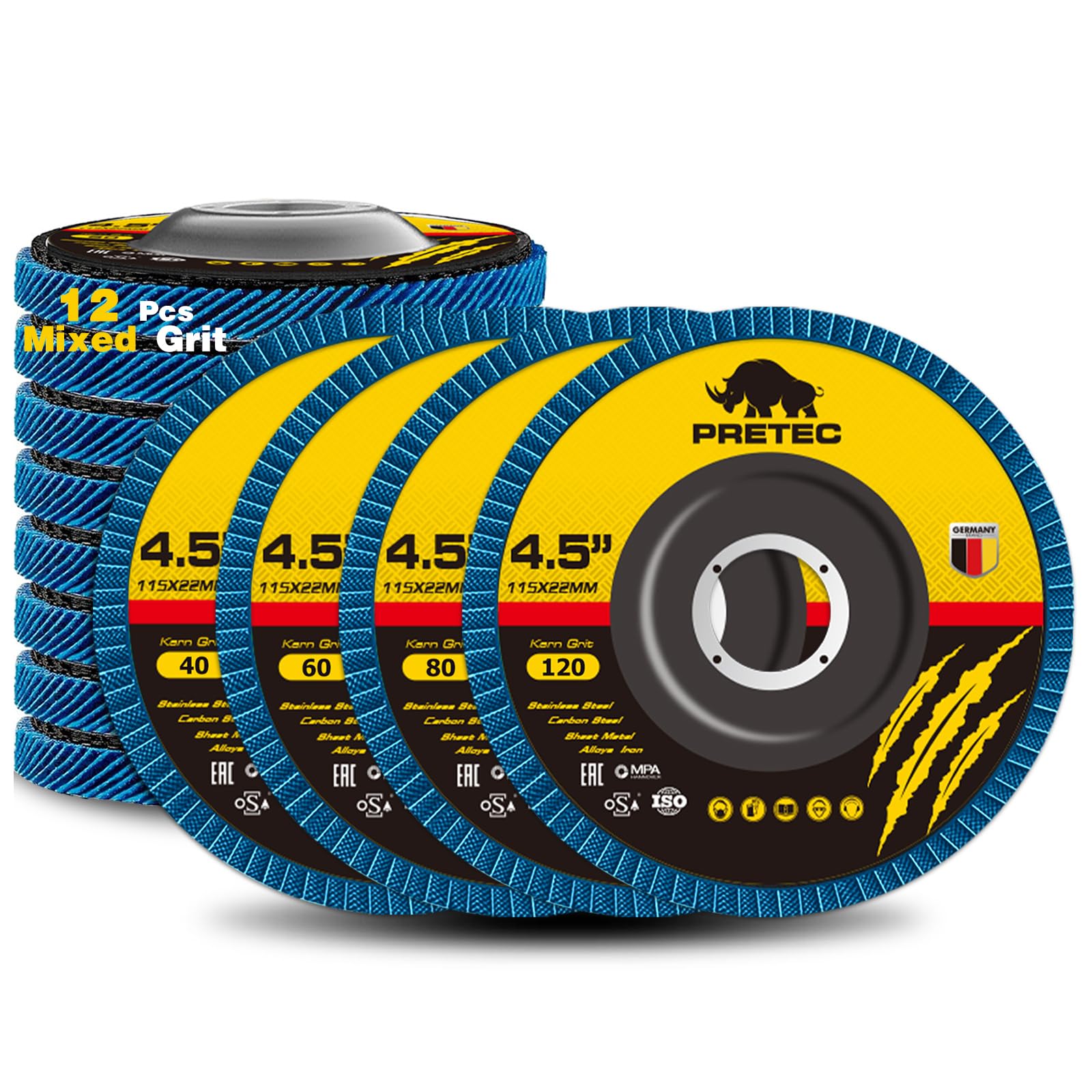 PRETEC Flap Discs 4 1/2 for Angle Grinder, 12 Pcs Flap Discs 40/60/80/120 Grit, 4.5" x 7/8" High Density Zirconia Type 27 Flap Sanding Disc for Grinding, Rust Removal, Sanding and Finishing -12 Packs