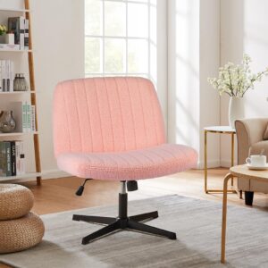 Sweetcrispy Criss Cross Chair Legged, Armless Office Desk Chair No Wheels, Swivel Vanity Chair, Height Adjustable Wide Seat Computer Task Chair, Fabric Vanity Modern Home Chair Pink