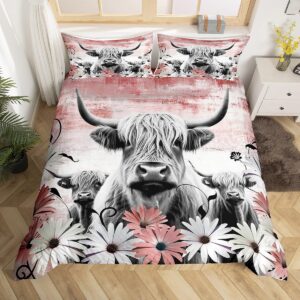 erosebridal highland cow print duvet cover queen,red western farmhouse bedding set rustic home decor,longhorn cattle farm animal comforter cover daisy flowers bed set cowboys gifts for men women