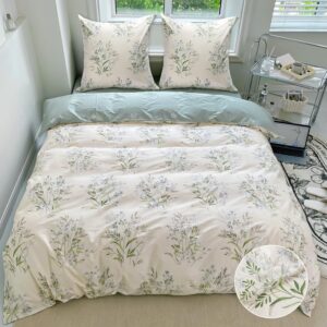 metersgod 100% long-staple cotton duvet cover set queen white green floral leaves pattern printed reversible comforter cover 3pcs, ultra soft & breathable bedding set