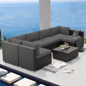 SUNCROWN 7-Piece Outdoor Patio Furniture Sofa Set All-Weather Wicker Sectional Conversation Set with Modern Glass Coffee Table and Cushions,Dark Grey