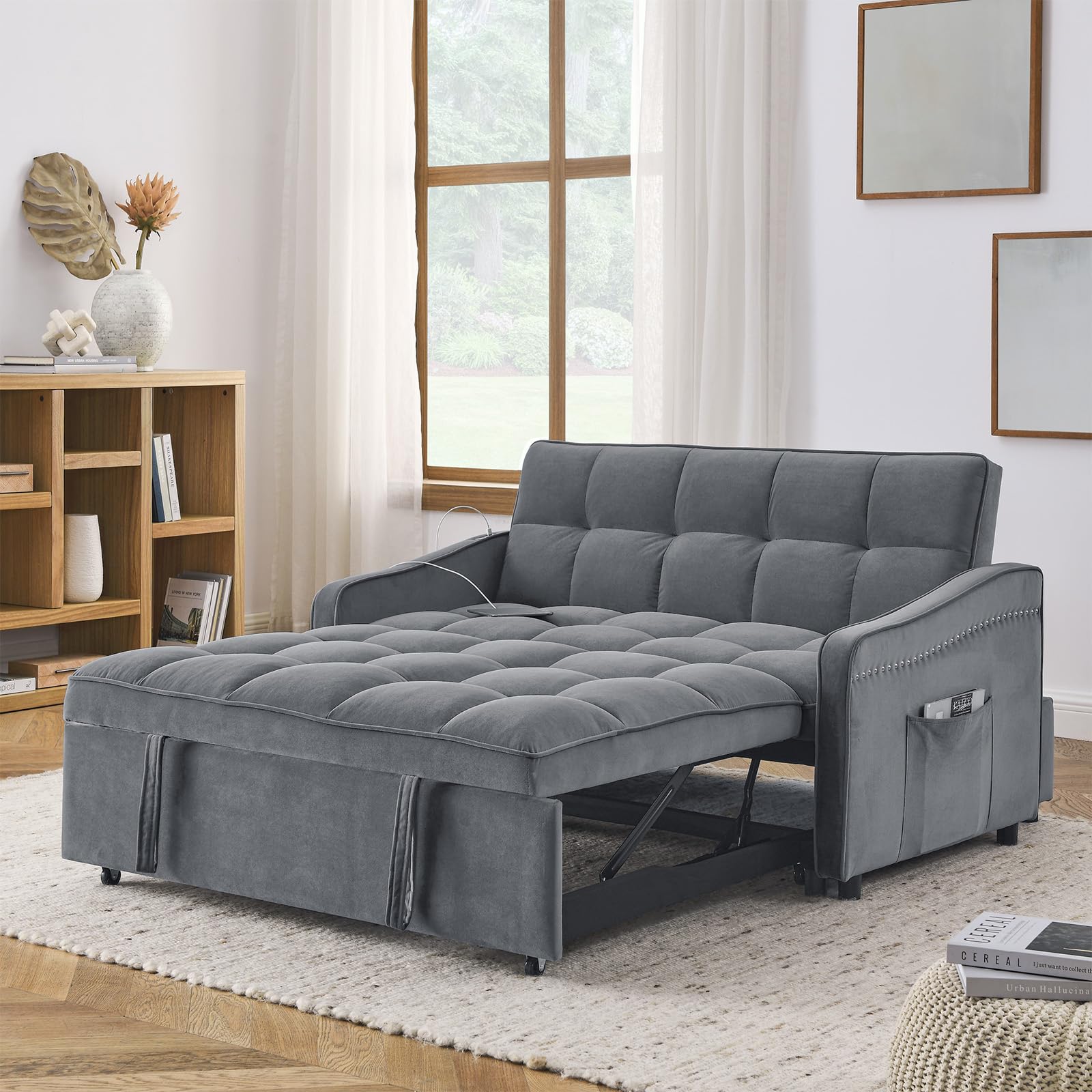 JEEOHEY 3 in 1 Convertible Sleeper Sofa Bed,52" Modern Velvet Pull Out Couch Bed with USB&Type-C Charging Ports,Futon Tufted Love Seat with Adjustable Backrest for Living Room,Office,Bedroom(Grey)