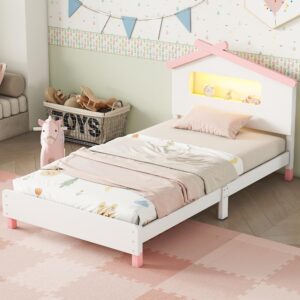 Bellemave Twin Size Platform Bed with House-Shaped Headboard and Motion Activated Night Lights,Wood Twin Kids Bed Frame for Girls,Boys(Twin,Pink)