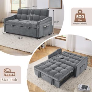 JEEOHEY 3 in 1 Convertible Sleeper Sofa Bed,52" Modern Velvet Pull Out Couch Bed with USB&Type-C Charging Ports,Futon Tufted Love Seat with Adjustable Backrest for Living Room,Office,Bedroom(Grey)