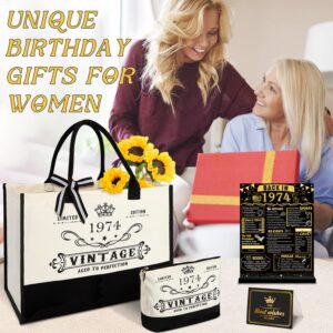 50th Birthday Gifts for Women Canvas Tote Bag Travel Gear, Unique 50 Years Old Gifts for Wife Sister Mom Aunt Friends Her Turning 50, Vintage 1974 Beach Bag & Cosmetic Bag & Back in 1974 Poster