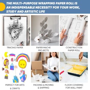 White Wrapping Paper 17.5"x456", Bulletin Board Craft Paper Roll, Poster Chart Easel Painting Drawing Paint Paper, Art Supplies for Kids Toddlers Boys Girls, Kraft Paper for Bouquet Flower Gift Wrap