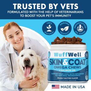 WuffWell - Omega 3 for Dogs with Salmon Oil 140ct - Dog Skin and Coat Supplement - Allergy and Itch Relief - Fish Oil for Dogs Chews - Dog Anti Shedding Supplement - Dry Skin Treatment - Made in USA