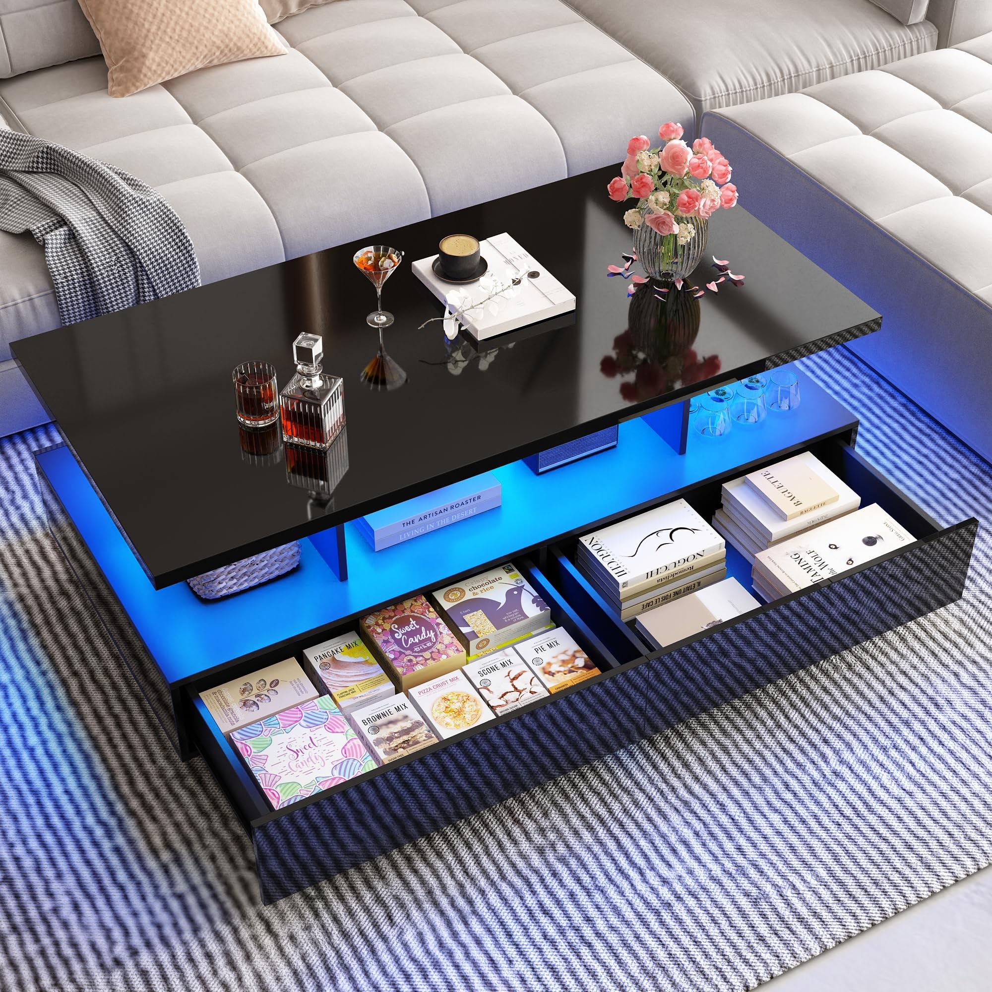 jiteentarou LED Coffee Table w/ 2 Storage Drawers,App Control,High Glossy Modern Black Coffee Table w/60,000-Color Lights,Rectangle 2-Tier Center Table w/Display Shelf for Living Room