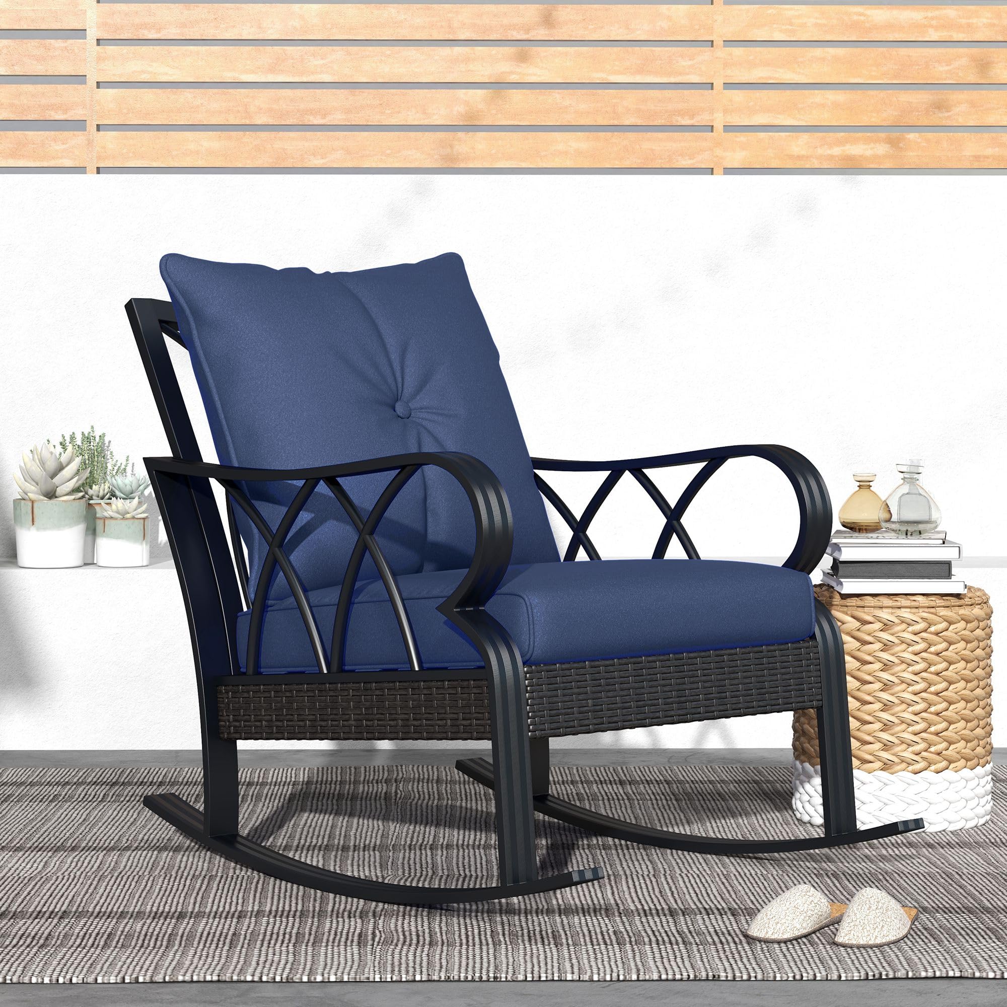 Outsunny Outdoor Wicker Rocking Chair with Padded Cushions, Aluminum Furniture Rattan Porch Rocker Chair w/Armrest for Garden, Patio, and Backyard, Navy Blue