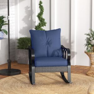 Outsunny Outdoor Wicker Rocking Chair with Padded Cushions, Aluminum Furniture Rattan Porch Rocker Chair w/Armrest for Garden, Patio, and Backyard, Navy Blue