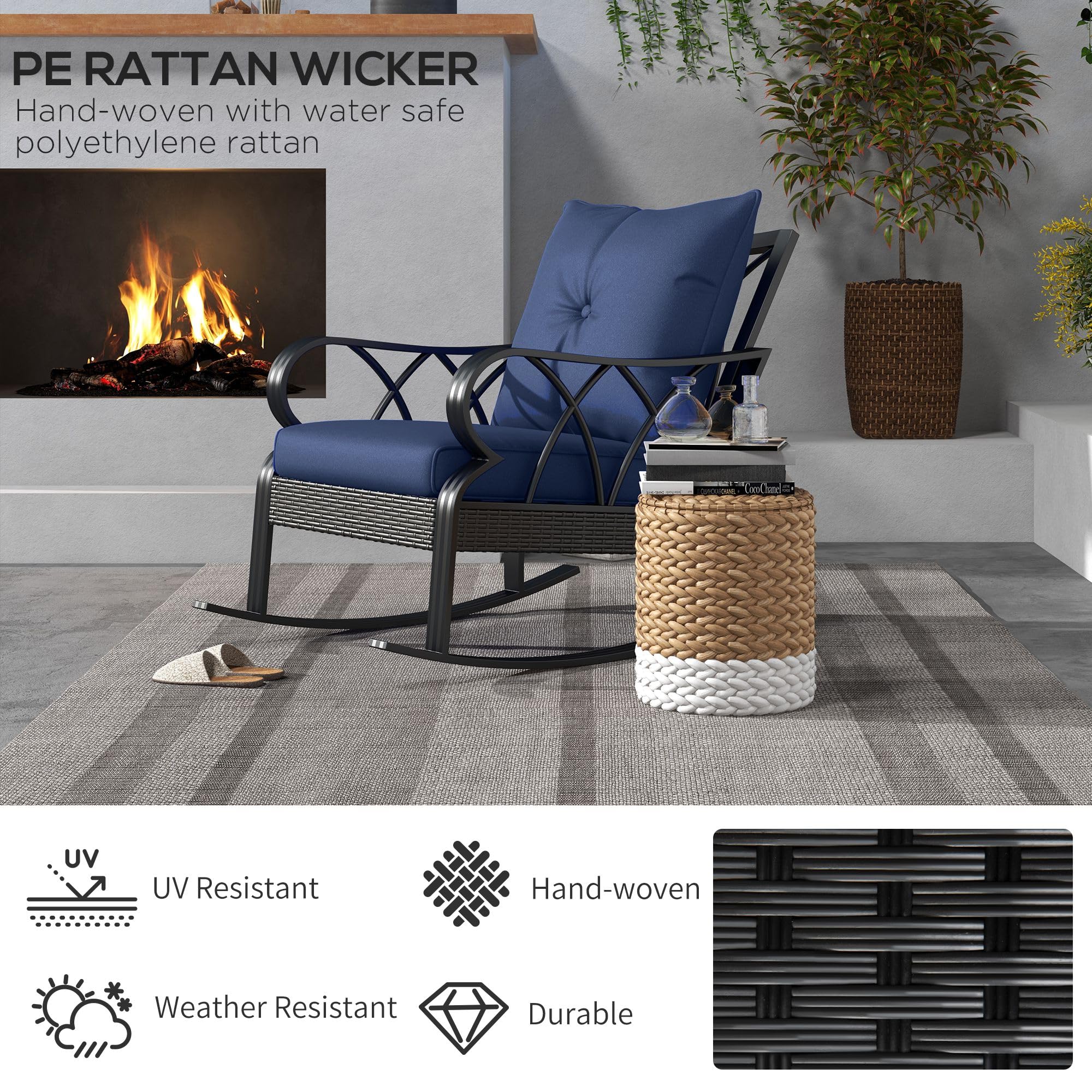 Outsunny Outdoor Wicker Rocking Chair with Padded Cushions, Aluminum Furniture Rattan Porch Rocker Chair w/Armrest for Garden, Patio, and Backyard, Navy Blue