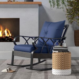 Outsunny Outdoor Wicker Rocking Chair with Padded Cushions, Aluminum Furniture Rattan Porch Rocker Chair w/Armrest for Garden, Patio, and Backyard, Navy Blue