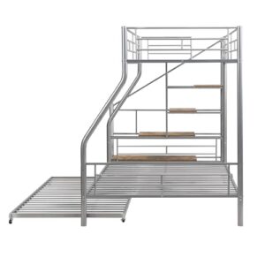 RORIGAT Twin Over Full Bunk Bed with Trundle,Metal Bunk Beds with Storage Staircase and Guard Rail,Bunk Bed Twin Over Full Size for Kids Boys Girls Teens Bedroom,Silver