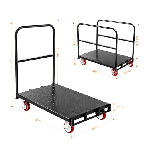 LoJok 2 in 1 Steel Drywall Cart, 37"x24" Panel Lumber Cart Heavy Duty with 2 Straps, Platform Truck Cart with 2200lbs Capacity and 4 Swivel Casters, Flatbed Cart with 3 Handrails, Black