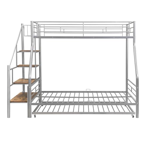 RORIGAT Twin Over Full Bunk Bed with Trundle,Metal Bunk Beds with Storage Staircase and Guard Rail,Bunk Bed Twin Over Full Size for Kids Boys Girls Teens Bedroom,Silver