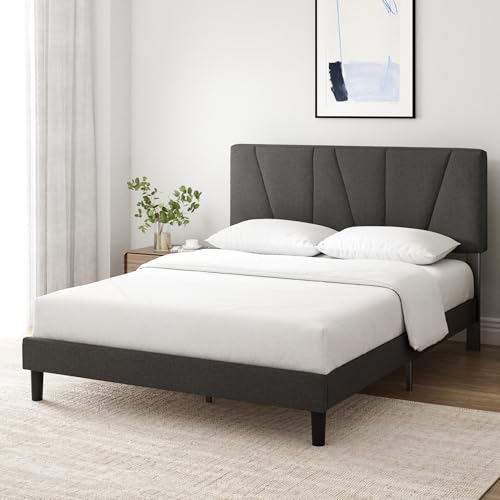 Zinus Queen Maya Upholstered Bed Frame with Asymmetric Headboard, Durable Wooden Slats, Sturdy Framework, Noise Free Sleep, No Box Spring Needed, Easy Assembly, Eco Friendly Packaging, Dark Grey