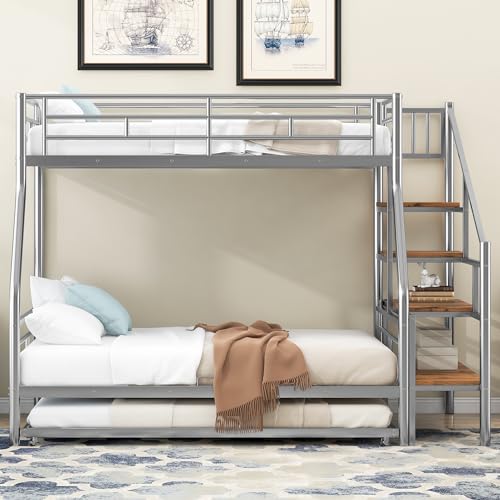 RORIGAT Twin Over Full Bunk Bed with Trundle,Metal Bunk Beds with Storage Staircase and Guard Rail,Bunk Bed Twin Over Full Size for Kids Boys Girls Teens Bedroom,Silver