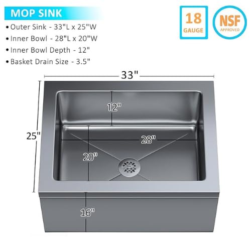 Express KitchQuip Stainless Steel Floor Mop Sink | 18-gauge, 304 Stainless Steel | Commercial & Kitchen Sinks | NSF Certified | Size 25" x 33" x 16" |