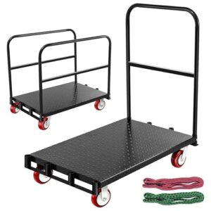 lojok 2 in 1 steel drywall cart, 37"x24" panel lumber cart heavy duty with 2 straps, platform truck cart with 2200lbs capacity and 4 swivel casters, flatbed cart with 3 handrails, black