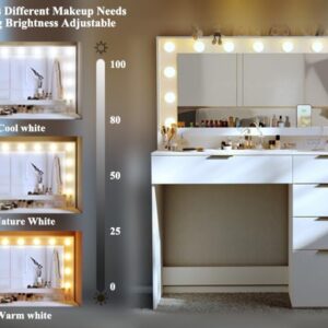 ALEXNUTRE Makeup Vanity Desk with Large Mirror and 13 LED Lights, 39.3in Vanity Table with Power Outlet & 5 Drawers, 3 Lighting Color Adjustable, Vanity Desk for Bedroom and Dressing Room, White