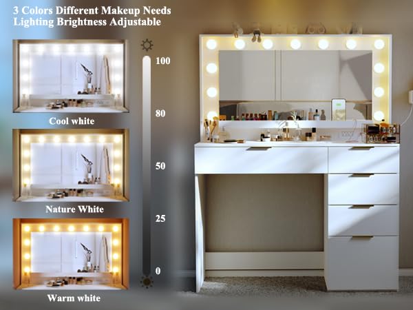 ALEXNUTRE Makeup Vanity Desk with Large Mirror and 13 LED Lights, 39.3in Vanity Table with Power Outlet & 5 Drawers, 3 Lighting Color Adjustable, Vanity Desk for Bedroom and Dressing Room, White