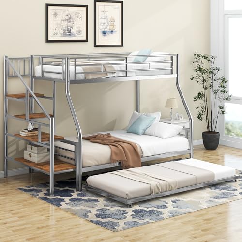 RORIGAT Twin Over Full Bunk Bed with Trundle,Metal Bunk Beds with Storage Staircase and Guard Rail,Bunk Bed Twin Over Full Size for Kids Boys Girls Teens Bedroom,Silver