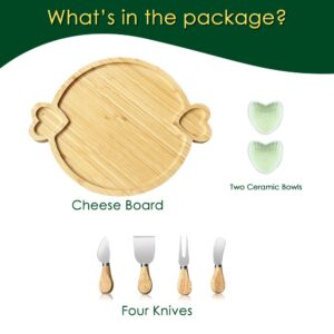 Hongsane Charcuterie Boards Gift Set,Bamboo Cheese Board,12 Inch Large Round Charcuterie Board,House Warming Gift for New Home,Wedding Gift Cheese Tray Platter with 2 Ceramic Bowls and 4 Knives