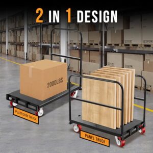 LoJok 2 in 1 Steel Drywall Cart, 37"x24" Panel Lumber Cart Heavy Duty with 2 Straps, Platform Truck Cart with 2200lbs Capacity and 4 Swivel Casters, Flatbed Cart with 3 Handrails, Black