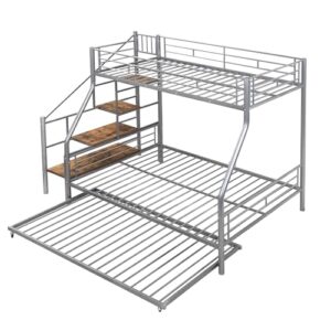 RORIGAT Twin Over Full Bunk Bed with Trundle,Metal Bunk Beds with Storage Staircase and Guard Rail,Bunk Bed Twin Over Full Size for Kids Boys Girls Teens Bedroom,Silver