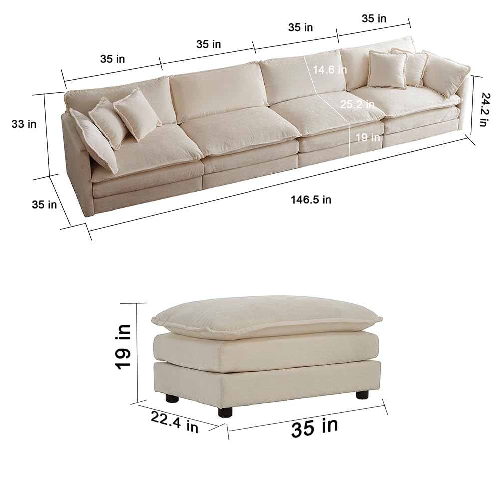 HanStrong 146.5" Modular Sectional Sofa Couch Modern L Shaped Sofa Oversized Upholstered Couch with Ottoman & Toss Pillows, 5 Seat Comfy Chenille Deep Seat Sofa for Living Room Apartment, Beige