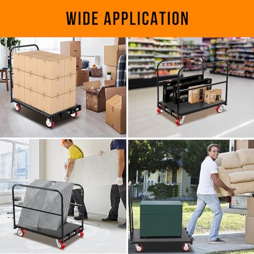 LoJok 2 in 1 Steel Drywall Cart, 37"x24" Panel Lumber Cart Heavy Duty with 2 Straps, Platform Truck Cart with 2200lbs Capacity and 4 Swivel Casters, Flatbed Cart with 3 Handrails, Black