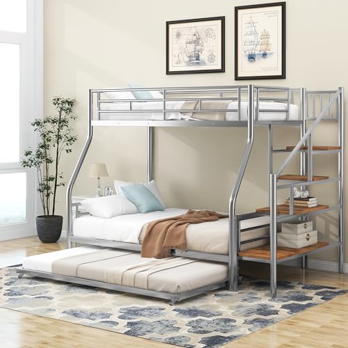 RORIGAT Twin Over Full Bunk Bed with Trundle,Metal Bunk Beds with Storage Staircase and Guard Rail,Bunk Bed Twin Over Full Size for Kids Boys Girls Teens Bedroom,Silver