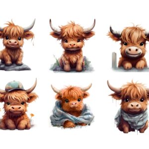 6 Piece 6"x6" Baby Highland Cows 100% Cotton Fabric Panel Squares - Quilting Panel Blocks AP1