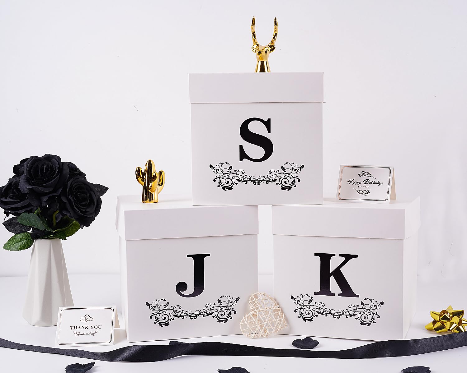 Jaywayang Letter Gift Box with Lid, Ribbon and Warpping Tissue, 8.7" White and Black Gift Box for Men Women Birthday, Baby Shower, Anniversary, Wedding Party Favor Christmas Decorative (Medium Letter J)