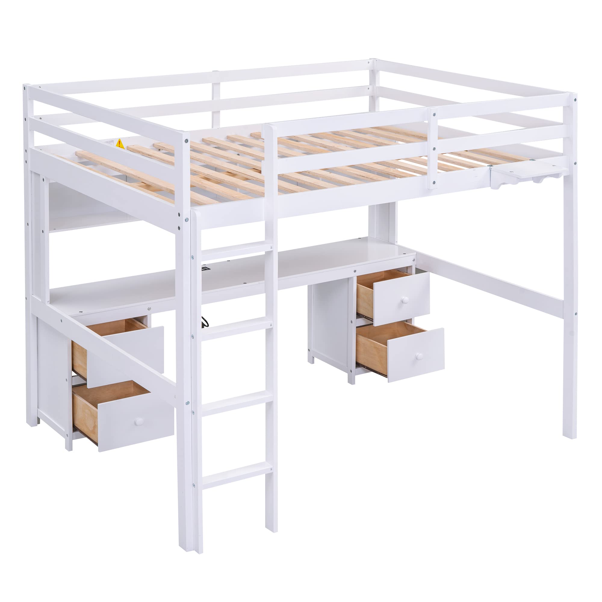 Jintop Full Size Loft Bed with Desk and Cabinets,Multifunctional Storage Solid Wood Bed Frame w/Drawers,Bedside Tray,Charging Station,Integrated Ladder,for Bedroom,Apartment,White