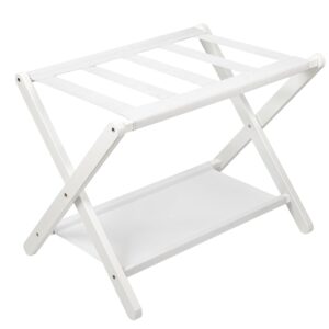 vasmia luggage rack, folding suitcase stand with storage shelf,bamboo luggage stand for guest room,bedroon and hotel,holds up to 131 lb,fit most luggage size,white