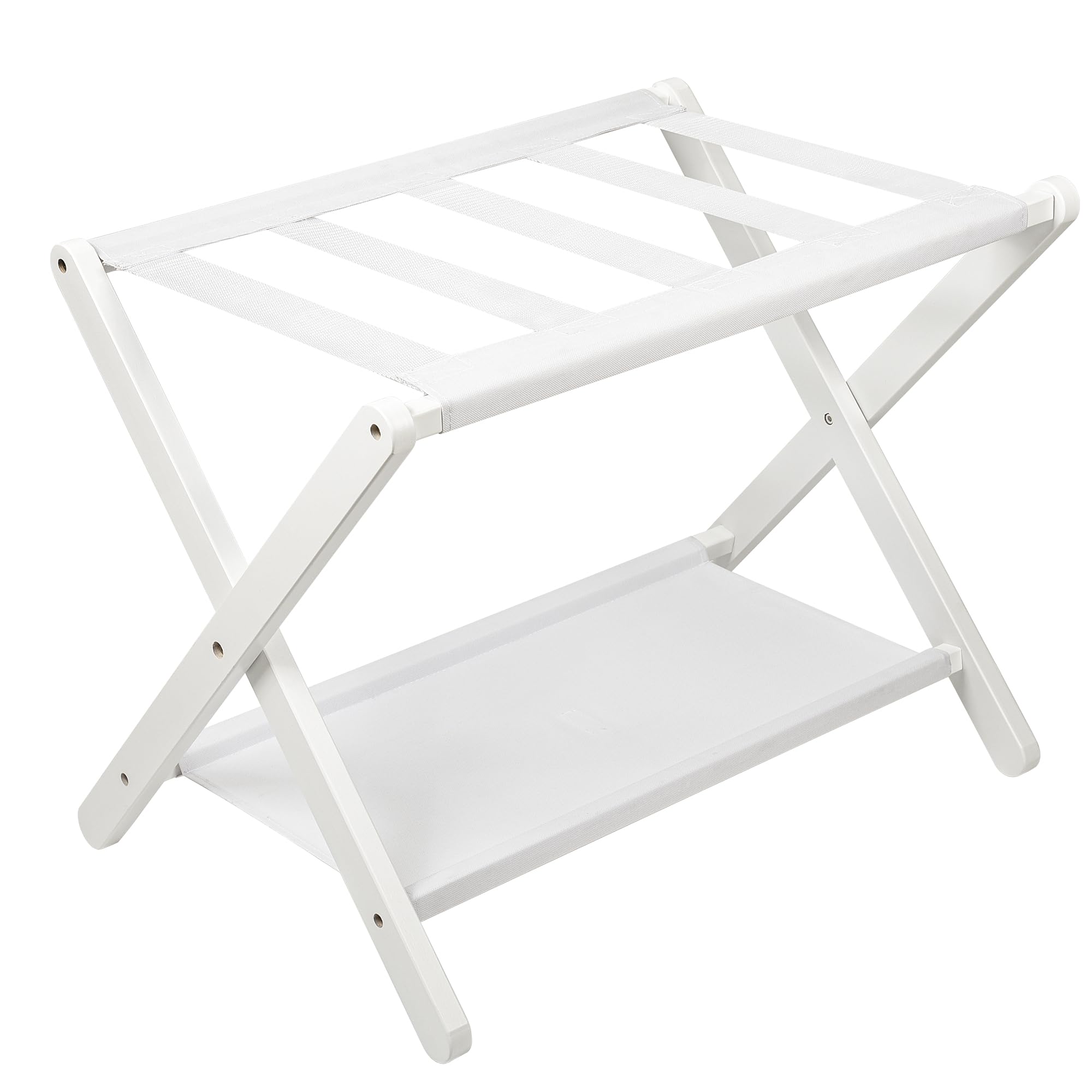 VASMIA Luggage Rack, Folding Suitcase Stand with Storage Shelf,Bamboo Luggage Stand for Guest Room,Bedroon and Hotel,Holds up to 131 lb,Fit Most Luggage Size,White