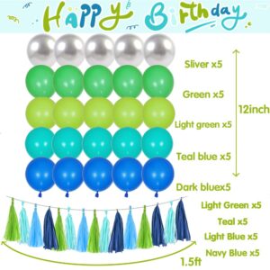 Blue and Green Birthday Decorations with Teal Blue Happy Birthday Banner, Mermaid Ocean Bubble Circle Dot Garland, Tissue Flowers, Tassels Garland, Balloons for Girls Boys Women Men Birthday Supplies