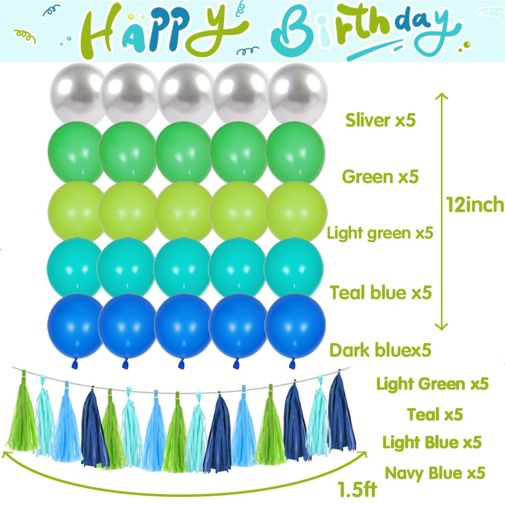 Blue and Green Birthday Decorations with Teal Blue Happy Birthday Banner, Mermaid Ocean Bubble Circle Dot Garland, Tissue Flowers, Tassels Garland, Balloons for Girls Boys Women Men Birthday Supplies