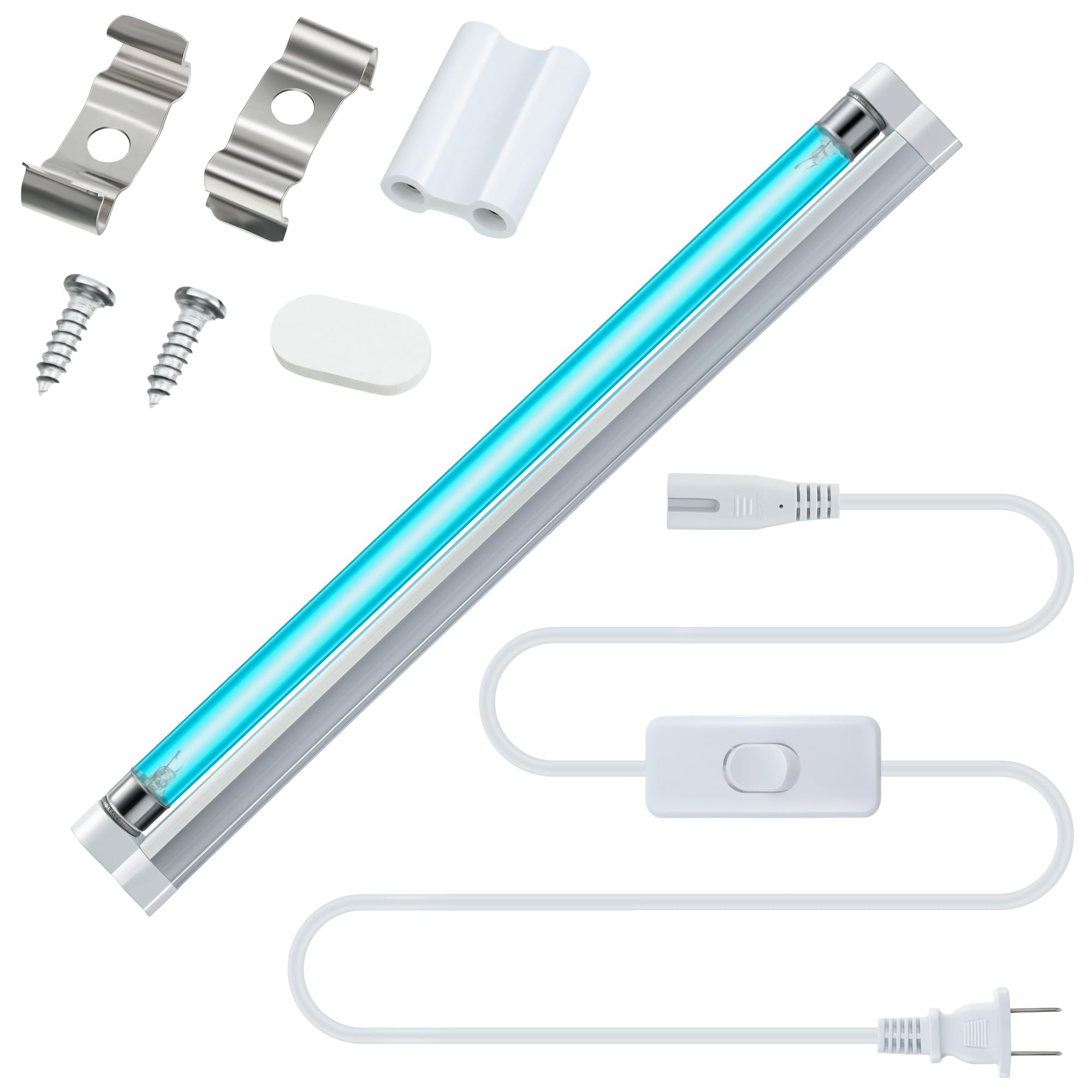 Qualirey UV Light with Ozone, Double Germicidal, 110V UVC Germicidal Lamp with ON/Off Switch Cord and Plug, 254nm Wavelength UVC Light with Connector and Screw Tools for Closet Shoe Cabinet(6 W)