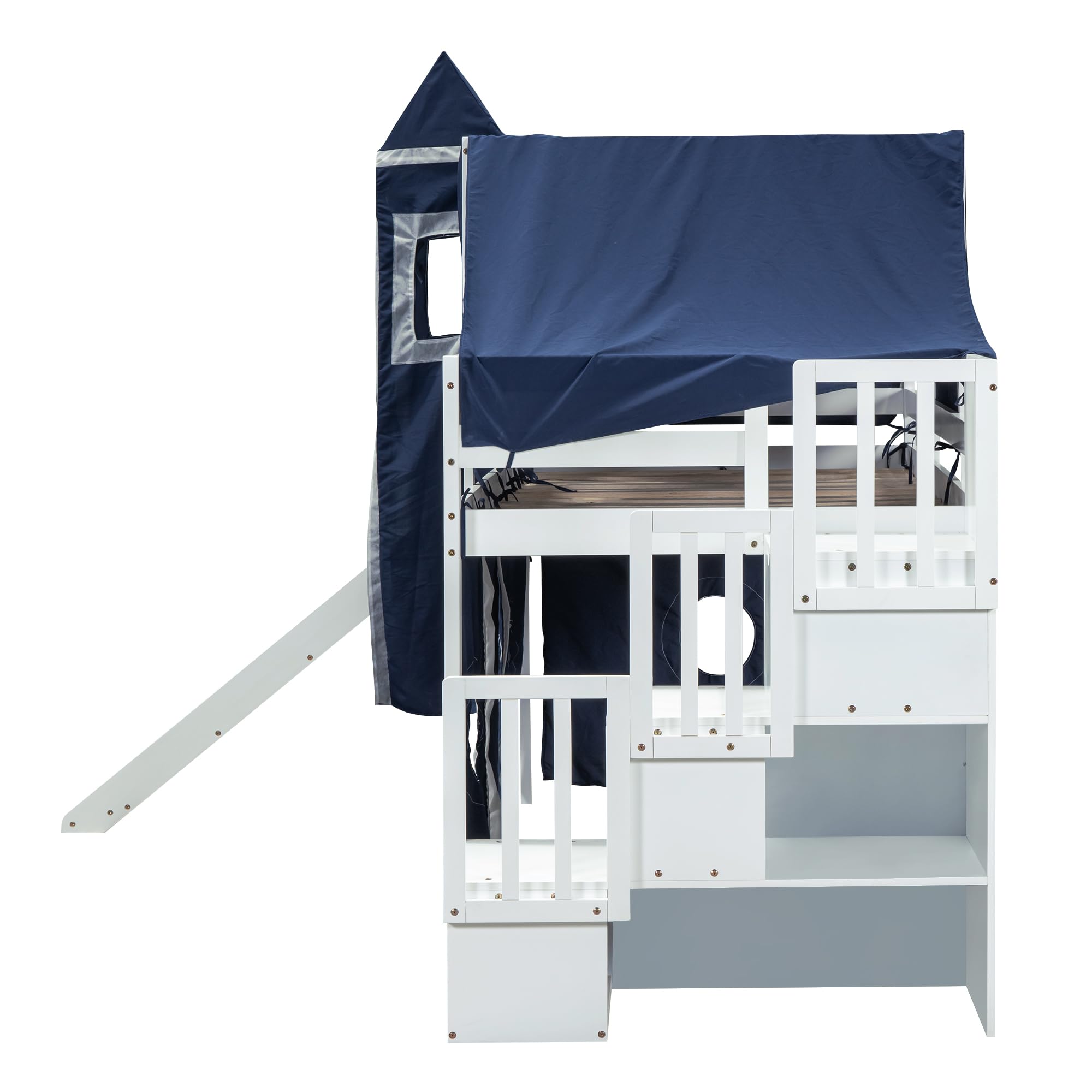 Harper & Bright Designs House Loft Bed with Slide and Storage Stairs, Wood Kids Loft Bed with Tent and Tower, Playhouse Loft Bed Frame for Kids, Teens (Twin Size, Blue)