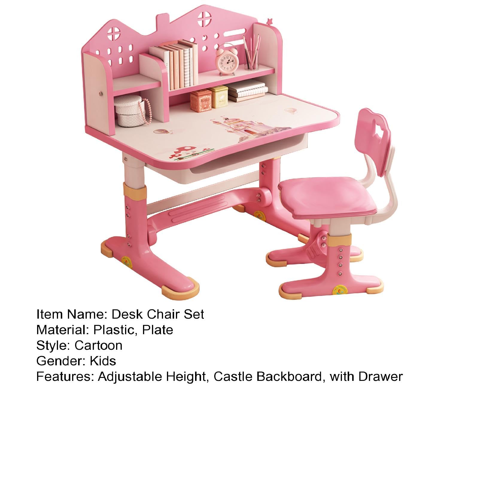 ZTGD Kids Adjustable Study Desk & Chair Set w/Storage,Drawers,Bookshelf,Child Toddler Writing Homework Table,Little Girl Work Computer Desk,Princess Preschool Desk,Escritorio Mesas para Niña (Pink A)