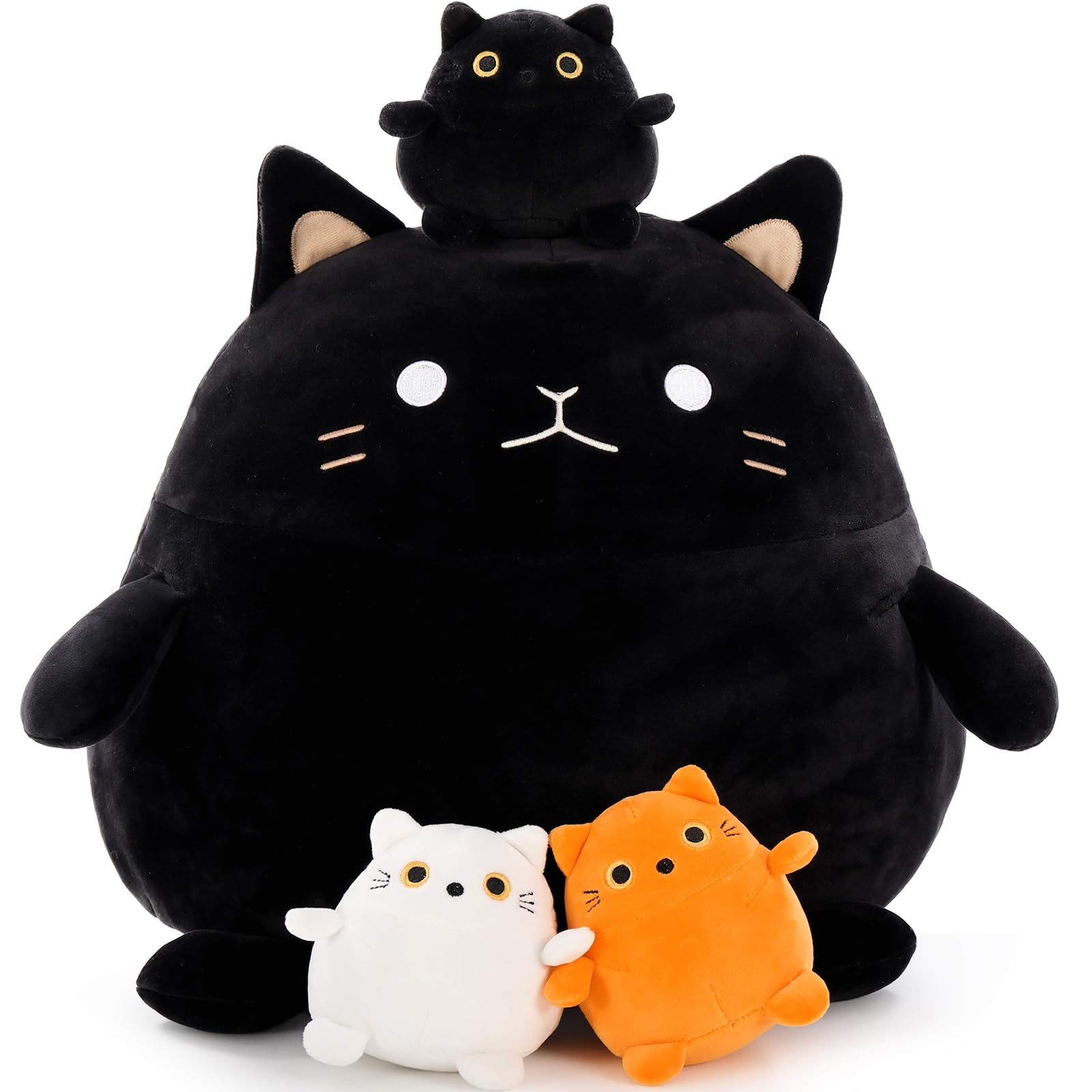 BENINY Cat Plush Toy 4Pcs - 18'' Giant Black Cat Mommy with 3 Cute Baby Kittens - Kawaii Fat Cats Stuffed Animal - Squishy Cat Plushies Pillow Gift for Boys and Girls