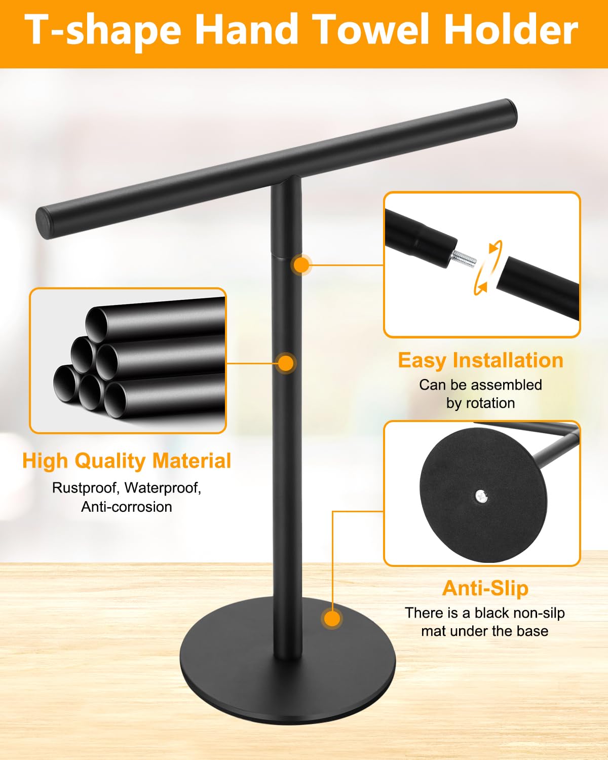 Hand Towel Holder for Bathroom, T-Shape Free Standing Towel Bar Rack Stand, Matte Black Hand Towel Rack for Bathroom Kitchen Vanity Countertop