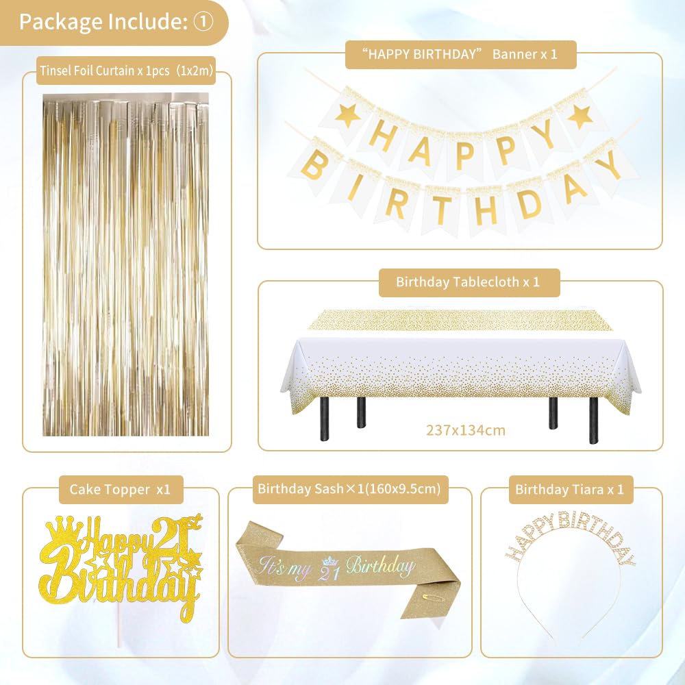 21st Birthday Decorations, White and Gold 21st Birthday Decorations for Her, Happy Birthday Banner Tablecloth Cake Topper Birthday Sash Crown Fringe Curtain Balloons for Girl 21st Birthday Party Decor