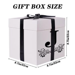 Jaywayang Letter Gift Box with Lid, Ribbon and Warpping Tissue, 8.7" White and Black Gift Box for Men Women Birthday, Baby Shower, Anniversary, Wedding Party Favor Christmas Decorative (Medium Letter J)