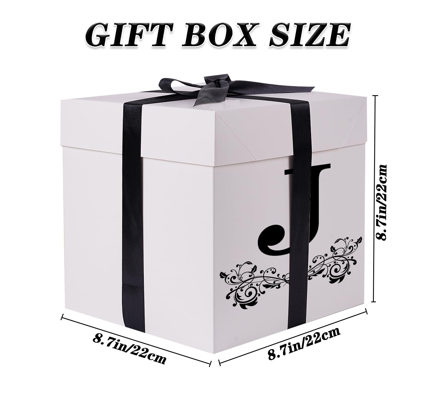 Jaywayang Letter Gift Box with Lid, Ribbon and Warpping Tissue, 8.7" White and Black Gift Box for Men Women Birthday, Baby Shower, Anniversary, Wedding Party Favor Christmas Decorative (Medium Letter J)