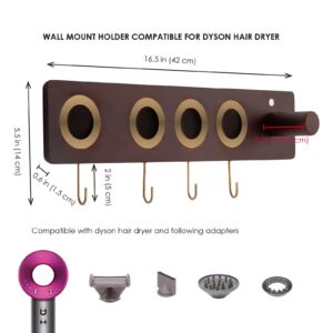 Eitida Wood Wall Holder for Dyson Hair Dryer, Adapters and Attachments, Magnetic Mounting Organizer Storage Rack, Vertical or Horizontal Hanging, 4 Removable Brass Hooks Included