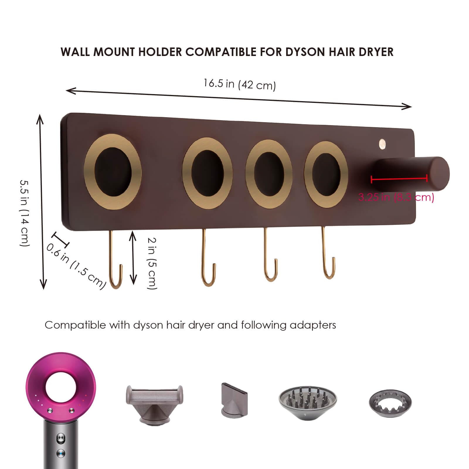 Eitida Wood Wall Holder for Dyson Hair Dryer, Adapters and Attachments, Magnetic Mounting Organizer Storage Rack, Vertical or Horizontal Hanging, 4 Removable Brass Hooks Included